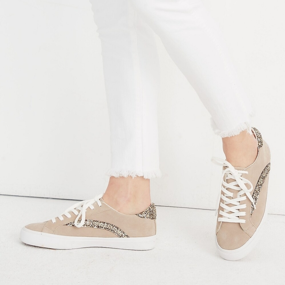 MADEWELL Sidewalk Low-Top  Glitter-Accented Suede Tan Sneakers Size 6